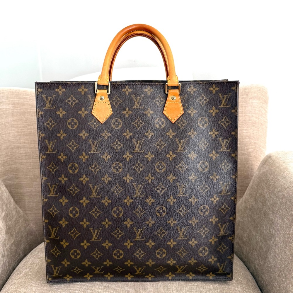 Authentic Louis Vuitton Monogram Sac Plat Tote bag brown M51140